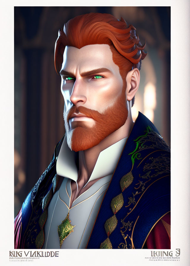 Regal red-haired bearded man in blue and gold robe portrait