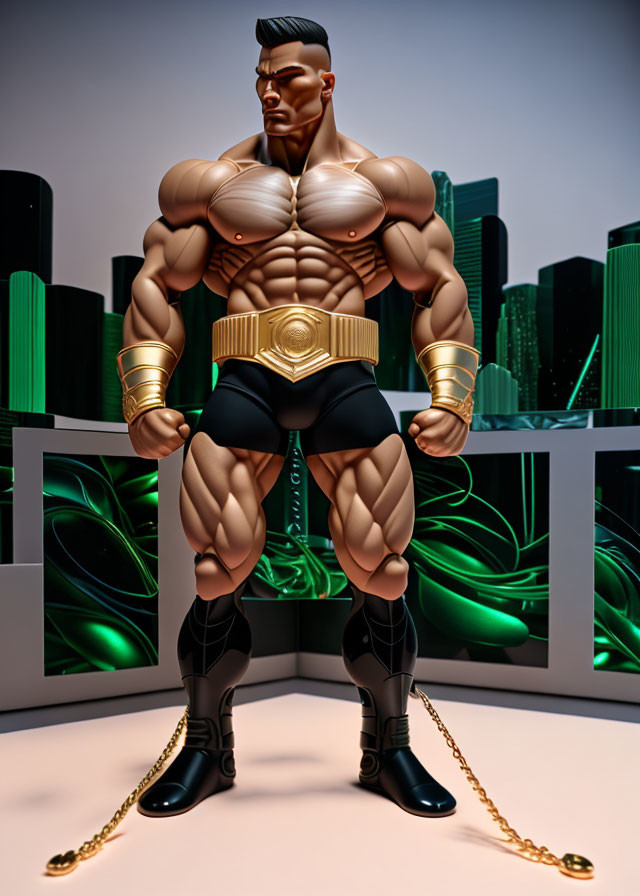 Muscular action figure with golden accessories in futuristic cityscape setting.