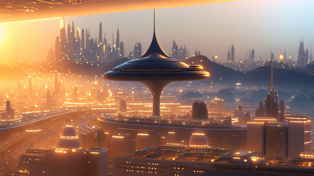 Futuristic cityscape at dusk with illuminated buildings and flying vehicle