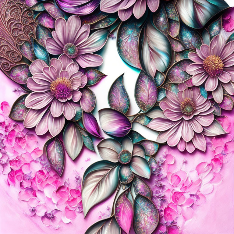 Vivid digital artwork: Purple flower wreath on pink background