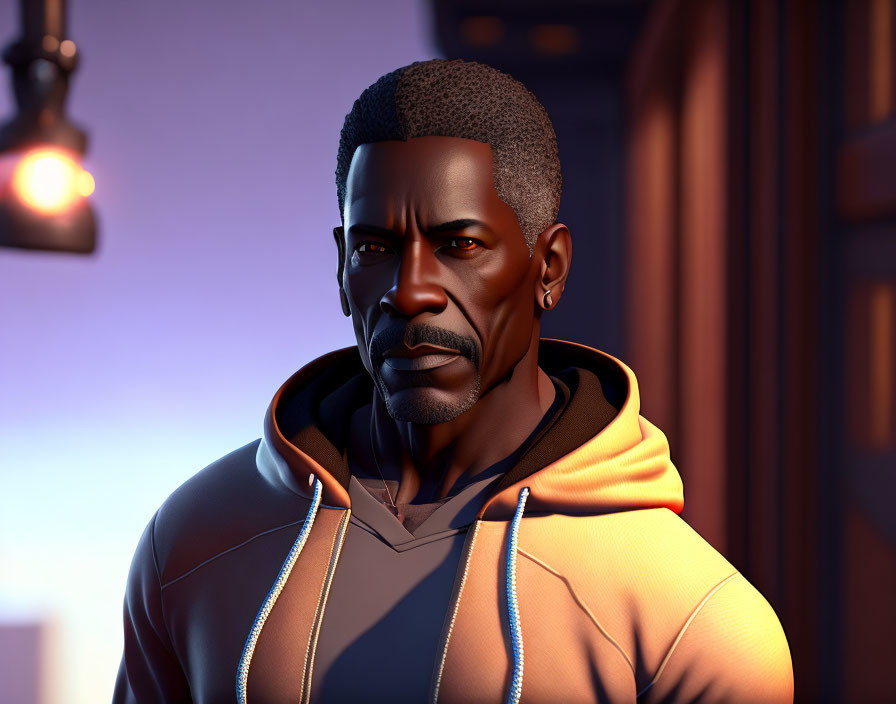 African-American male in hoodie with beard and mustache in 3D render