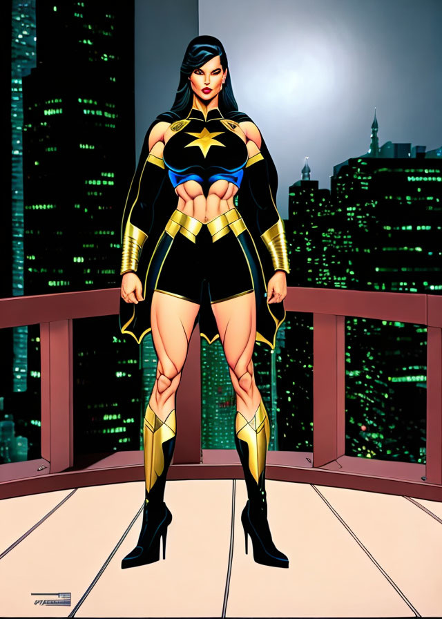 Female superhero illustration on rooftop with city skyline at night. Black and gold costume with star emblem.