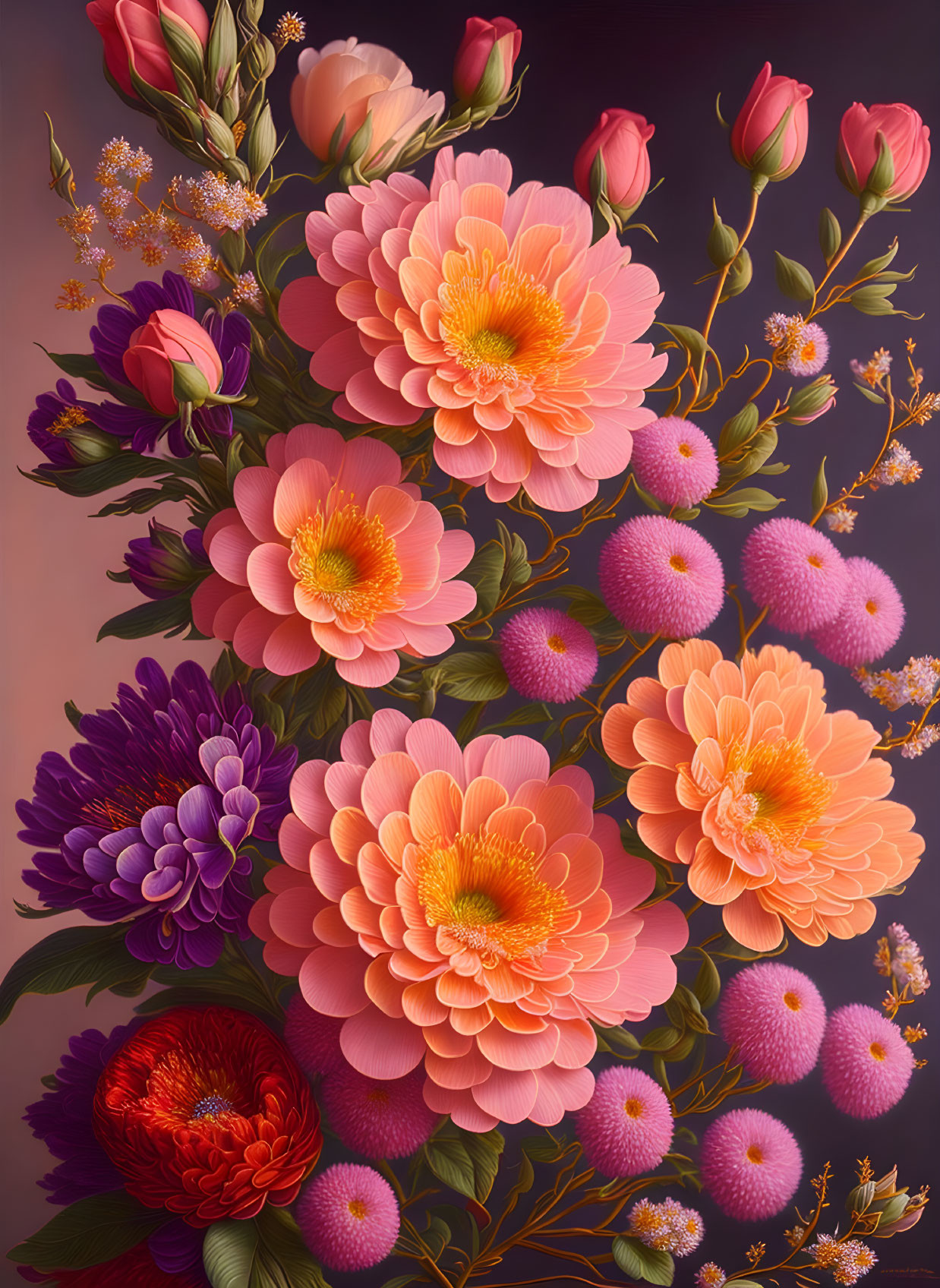 Colorful digital artwork: Stylized flowers in pink, purple, and orange on a moody