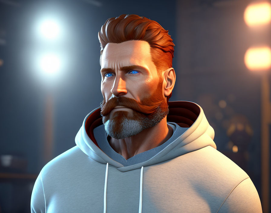 Male character in white hoodie with groomed beard in 3D render