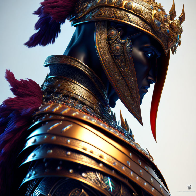 3D-rendered ornate gold armored figure with plumed helmet