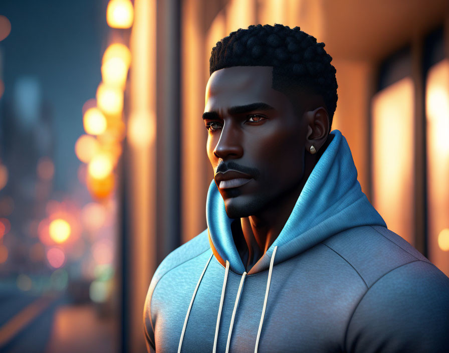 Stylized 3D African-American Male in Blue Hoodie Night City Scene