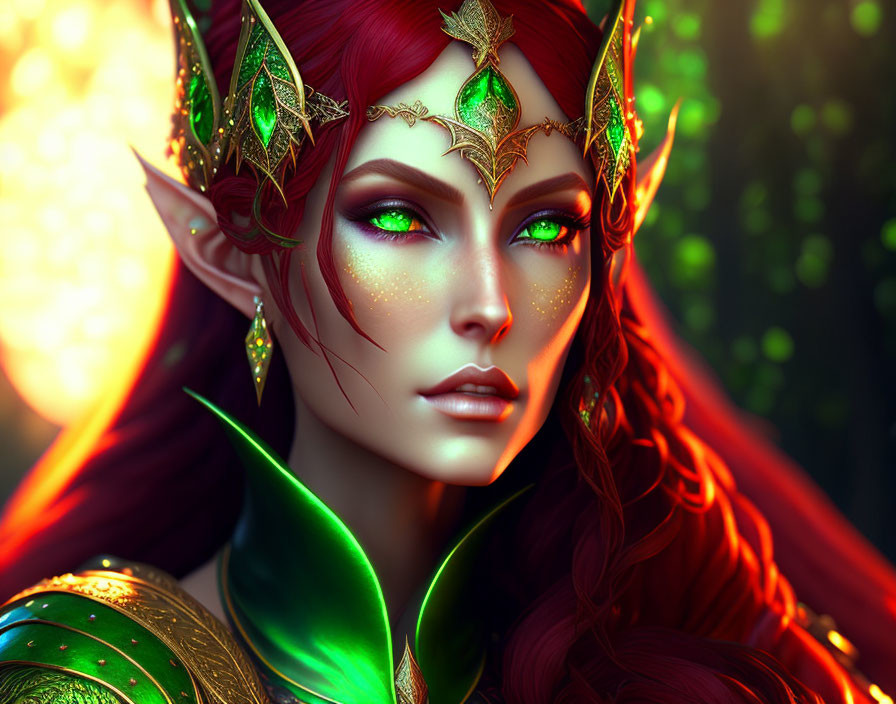 Fantasy digital artwork of a green-eyed elf in red hair and golden headpiece, wearing green armor