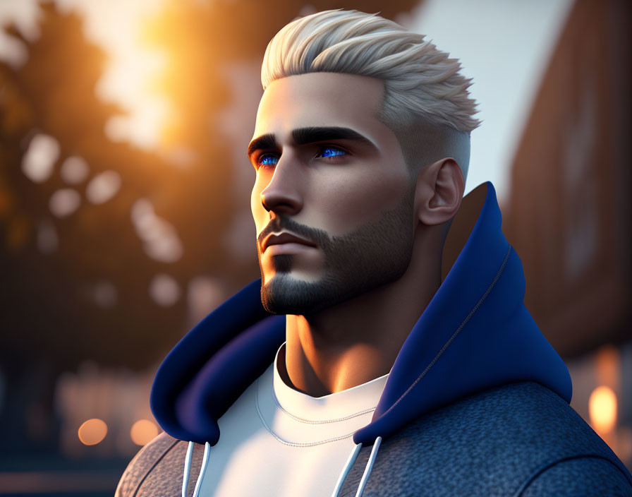 Digital illustration of man with blue eyes and platinum blond hair in blue hoodie against evening backdrop