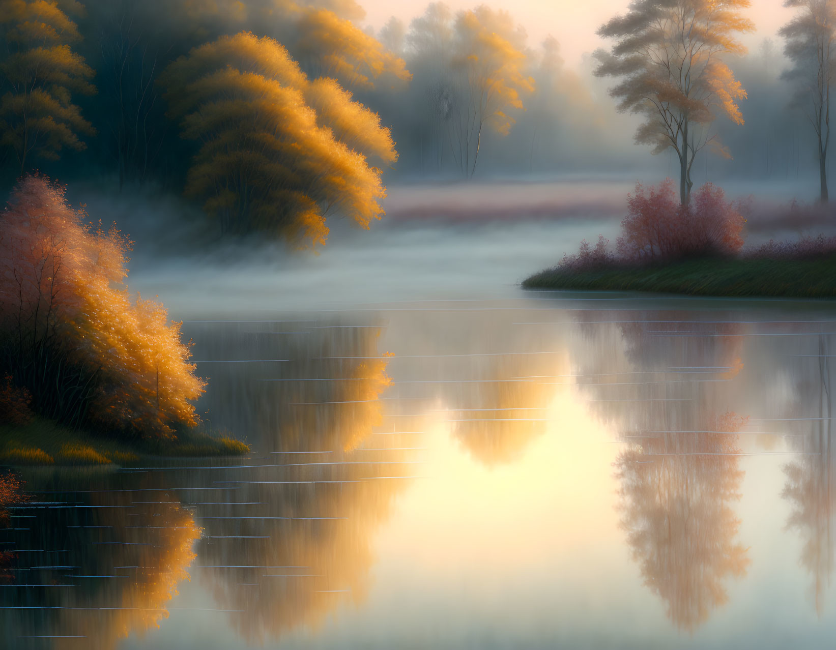 Misty Autumn Sunrise Over Serene Lake