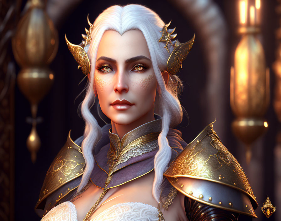 Fantasy elf digital portrait with white hair and golden armor