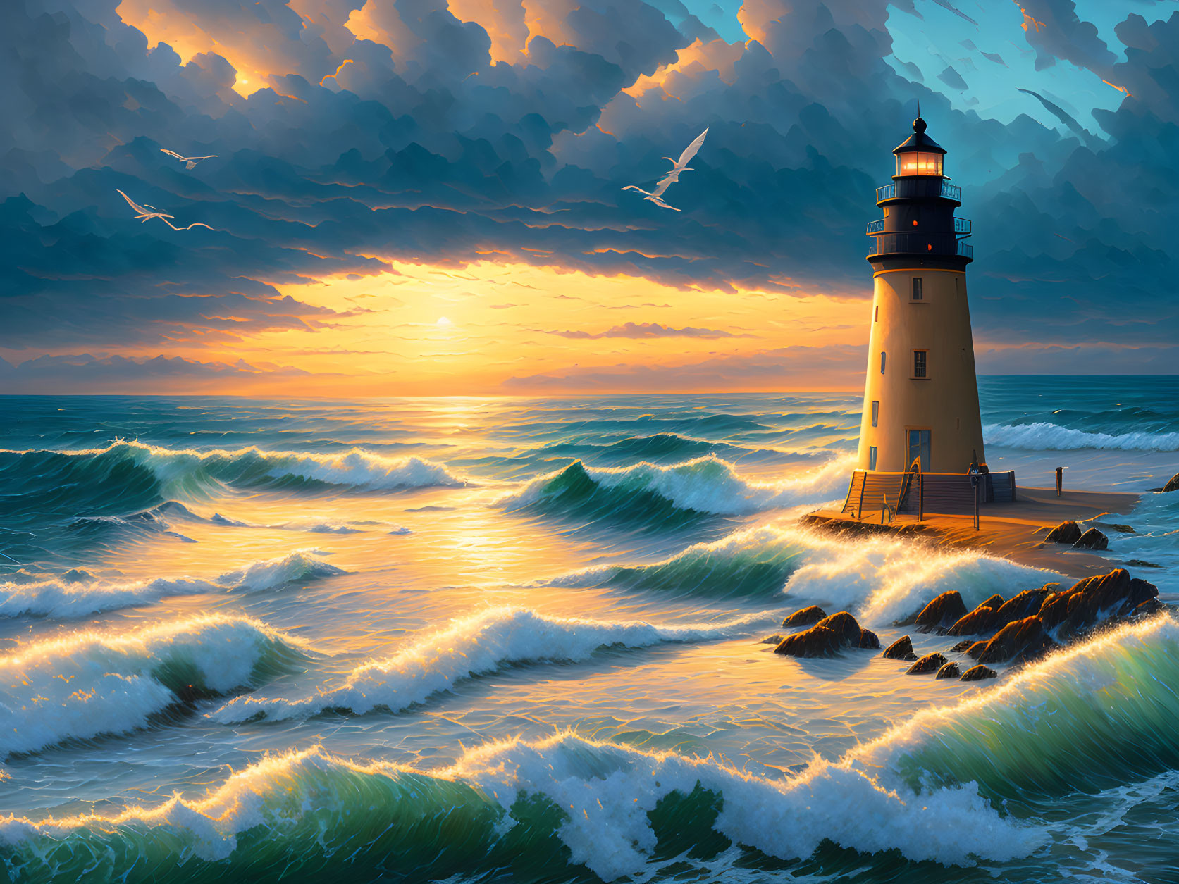 Dramatic sunset with lighthouse, crashing waves, and soaring seagulls