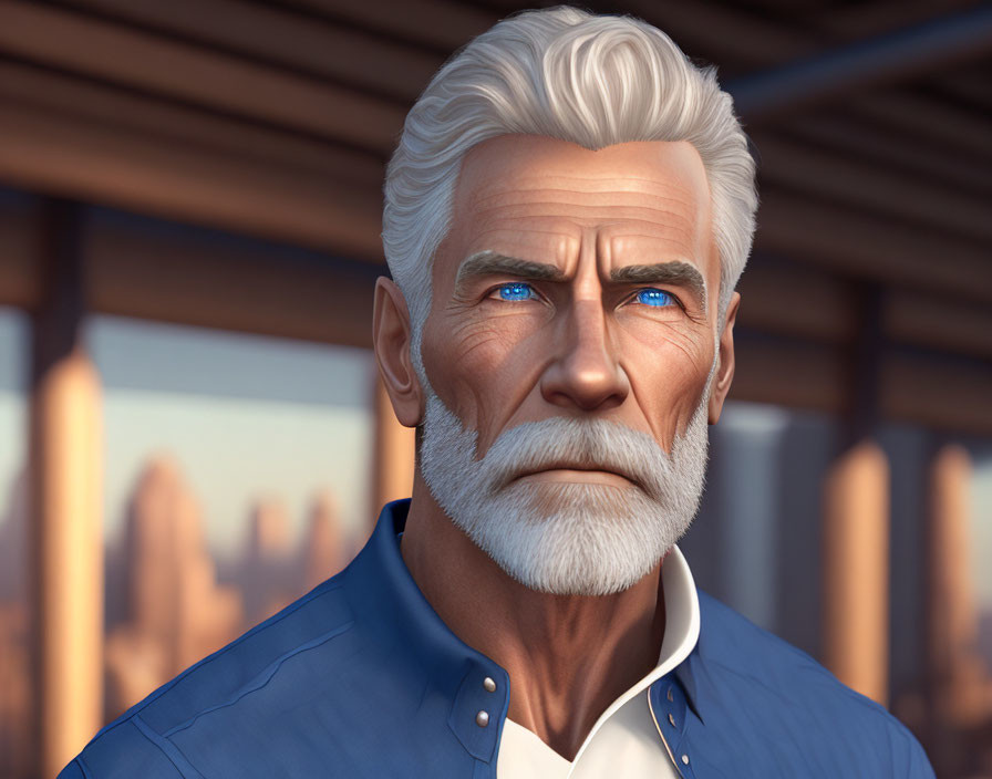 Elderly man with white hair and blue shirt in 3D render