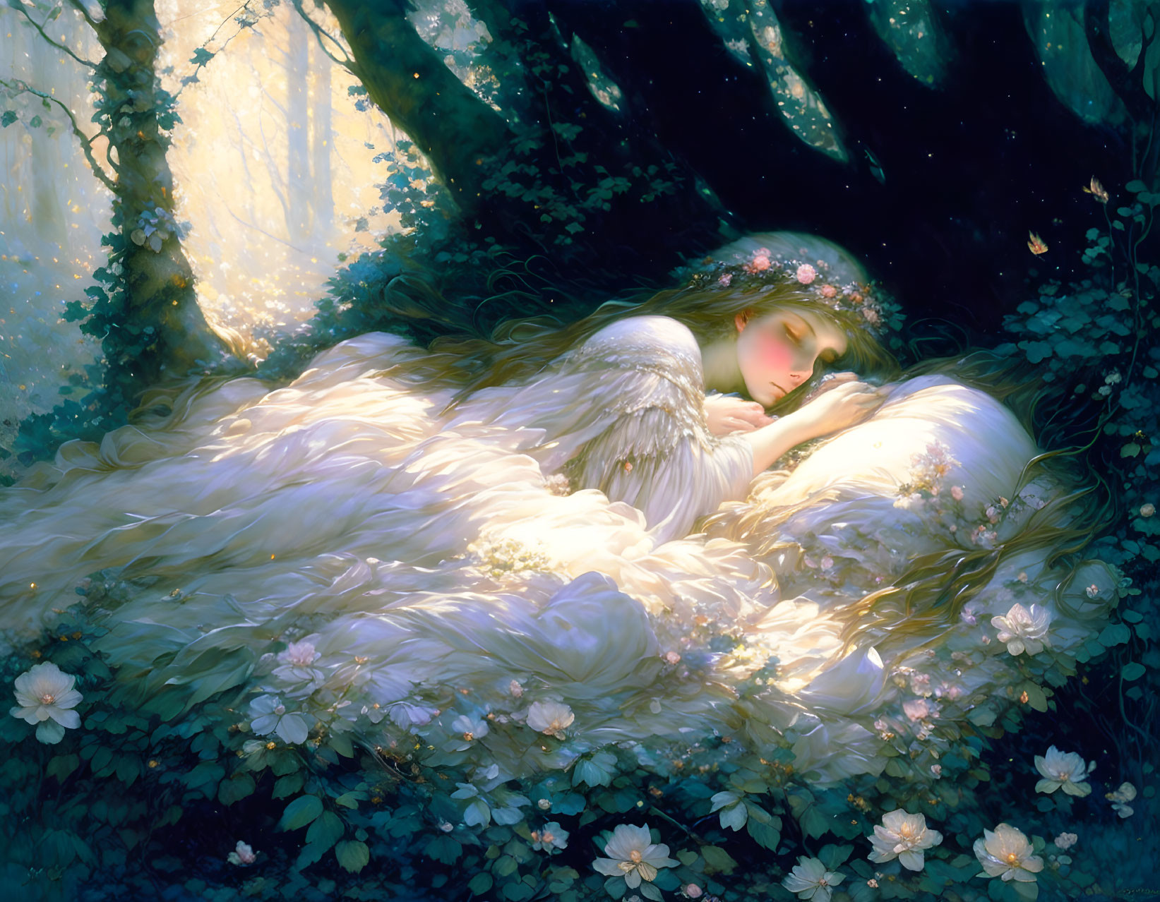 Woman with Floral Crown Sleeping in Forest with Glowing Cloak