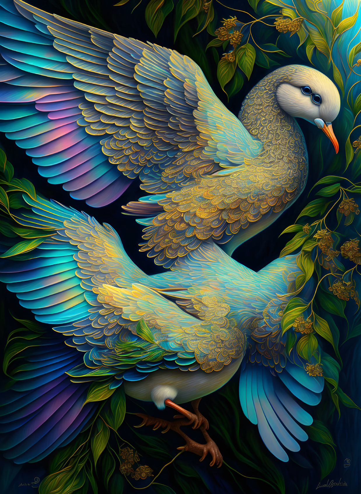 Colorful stylized birds in flight amid lush foliage with intricate feather patterns on a dark background.