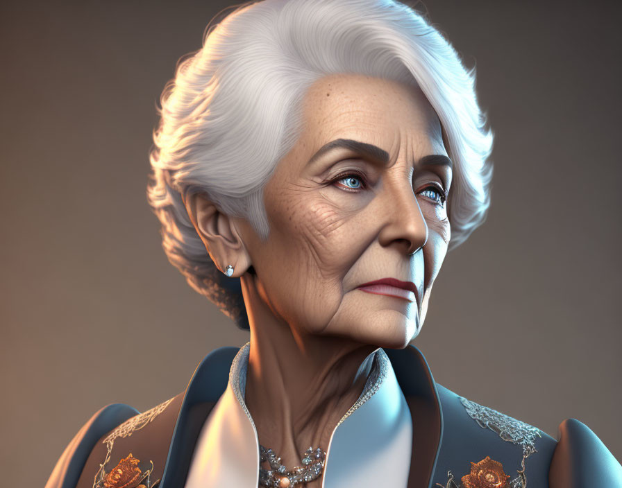 Elderly woman 3D rendering in blue dress and pearl necklace