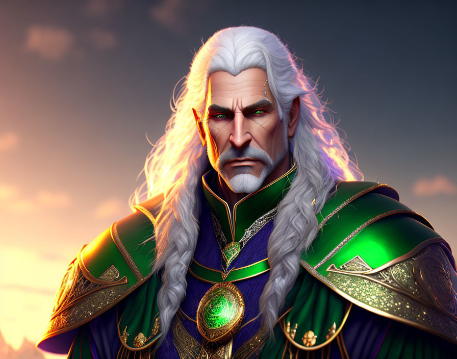 White-Haired Man in Green and Gold Armor at Sunset