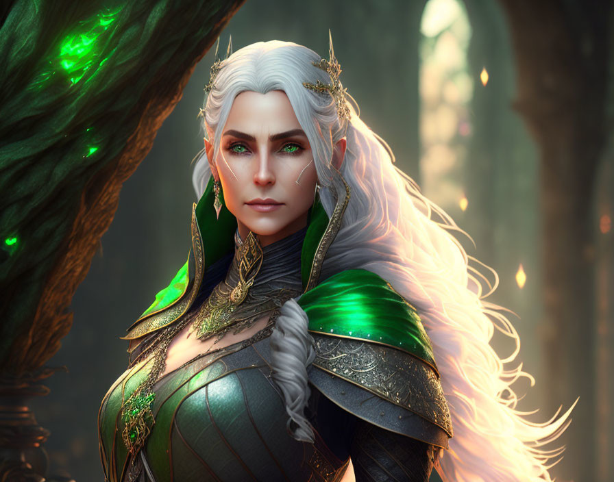 Elven queen in green armor in enchanted forest