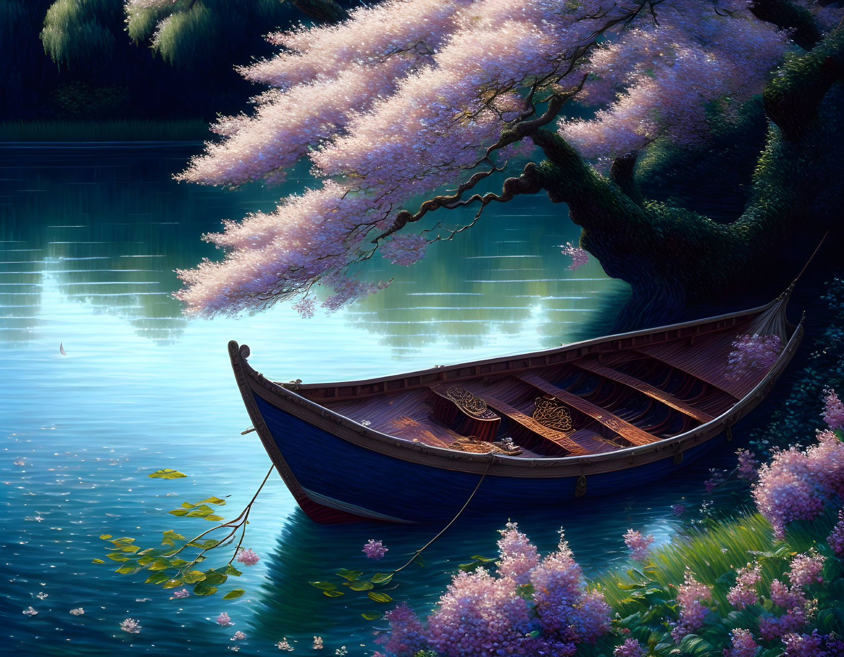 Tranquil lake scene: wooden boat, cherry tree, glistening water