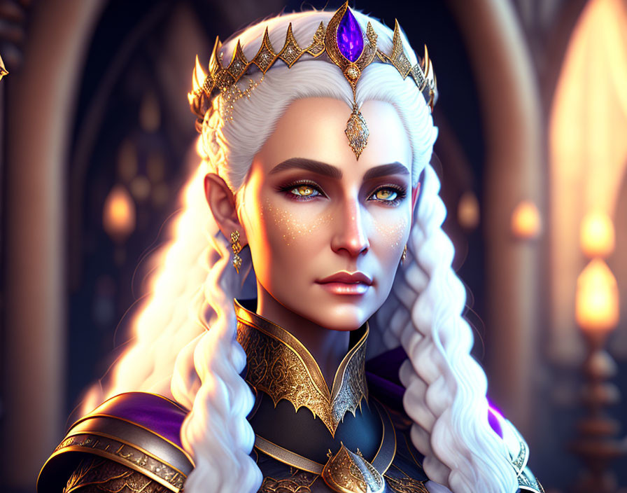 Regal female figure with white hair, golden crown, jewelry, purple garment & armor.