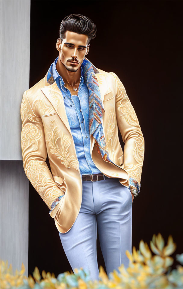 Animated Male Character in Gold Blazer, Blue Shirt, and Scarf