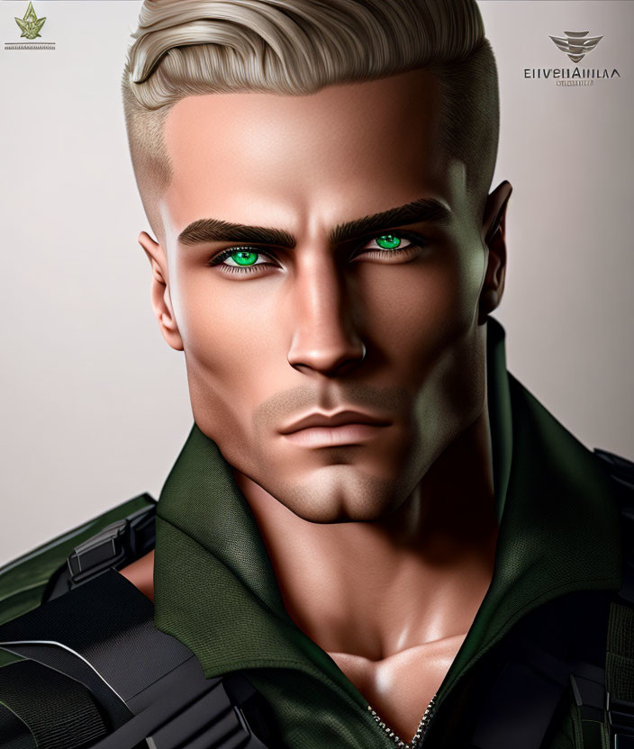 Detailed digital illustration of a man with sharp features and green eyes in military-style outfit