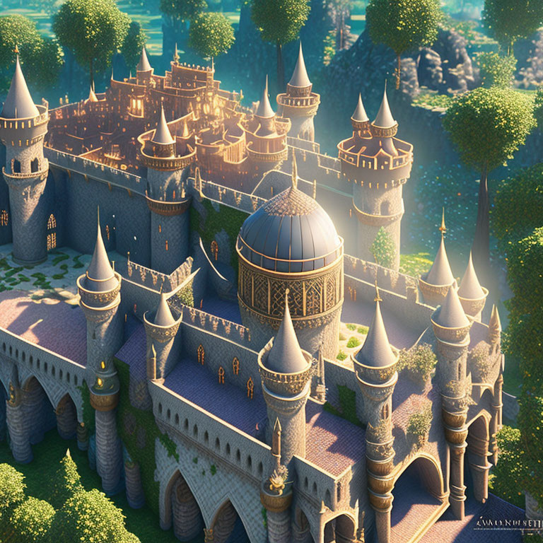 Majestic fairy-tale castle with spires, towers, greenery, and golden dome