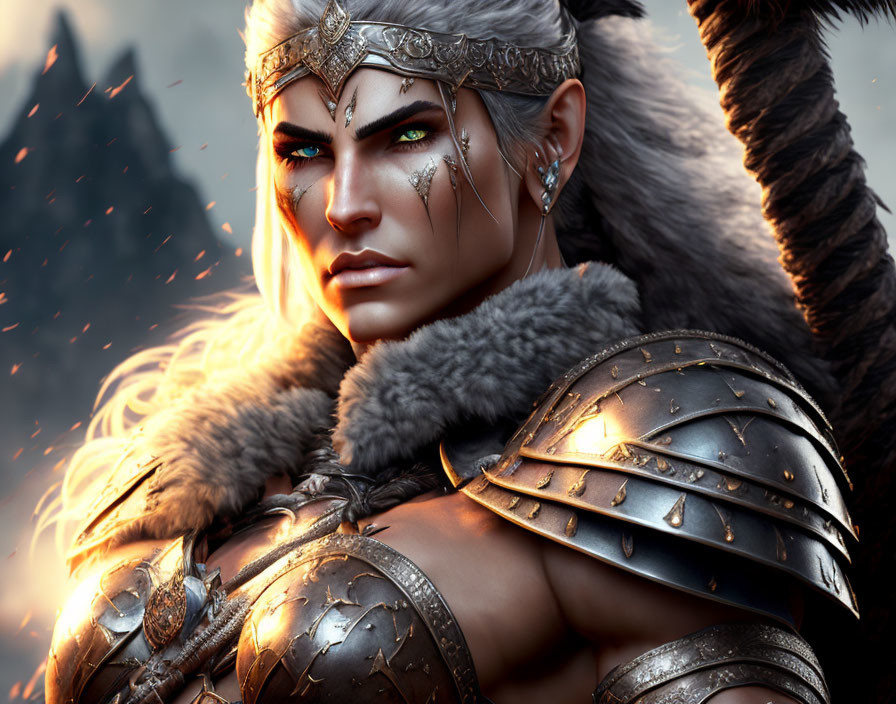 Fantasy warrior digital art: silver armor, fur cloak, intricate crown, fiery mountain backdrop