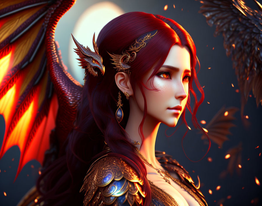 Digital artwork of female character: red hair, golden armor, fiery wings, dark background