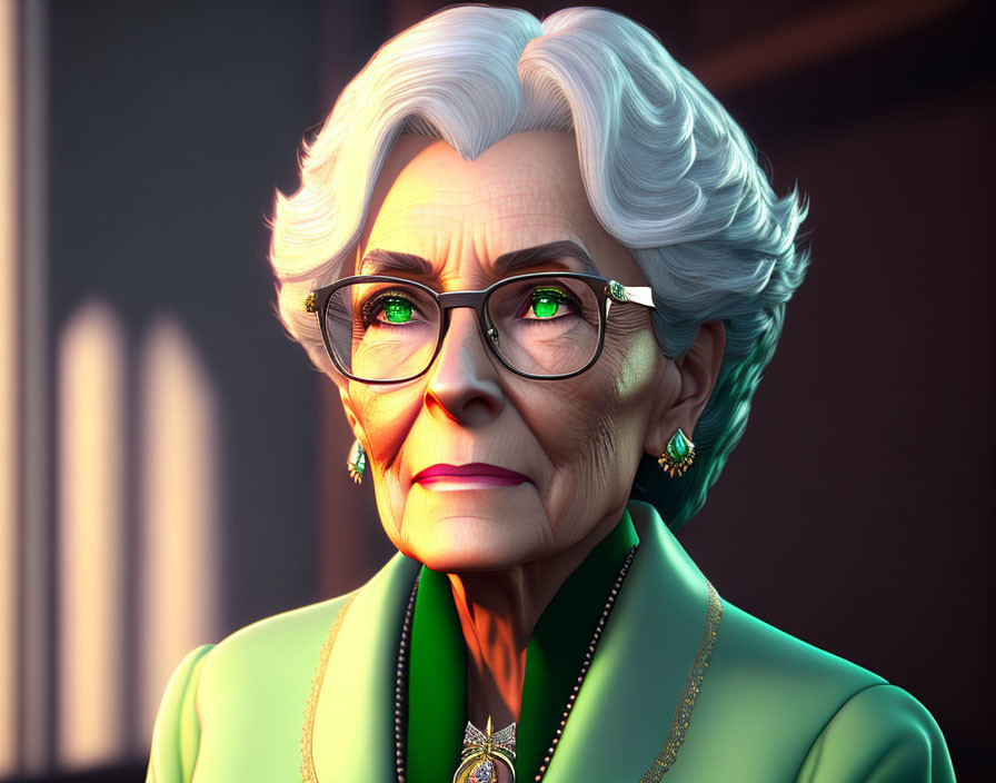 Elderly woman 3D rendering in green jacket and pearls