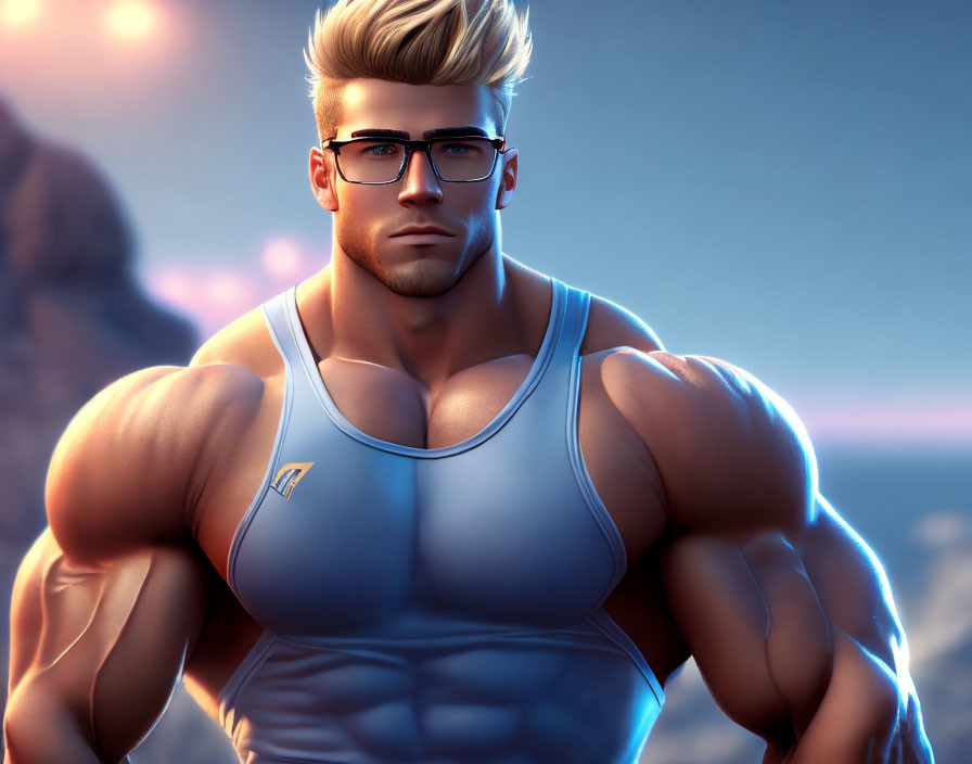 Blonde muscular character in tank top with glasses in warm backlit landscape