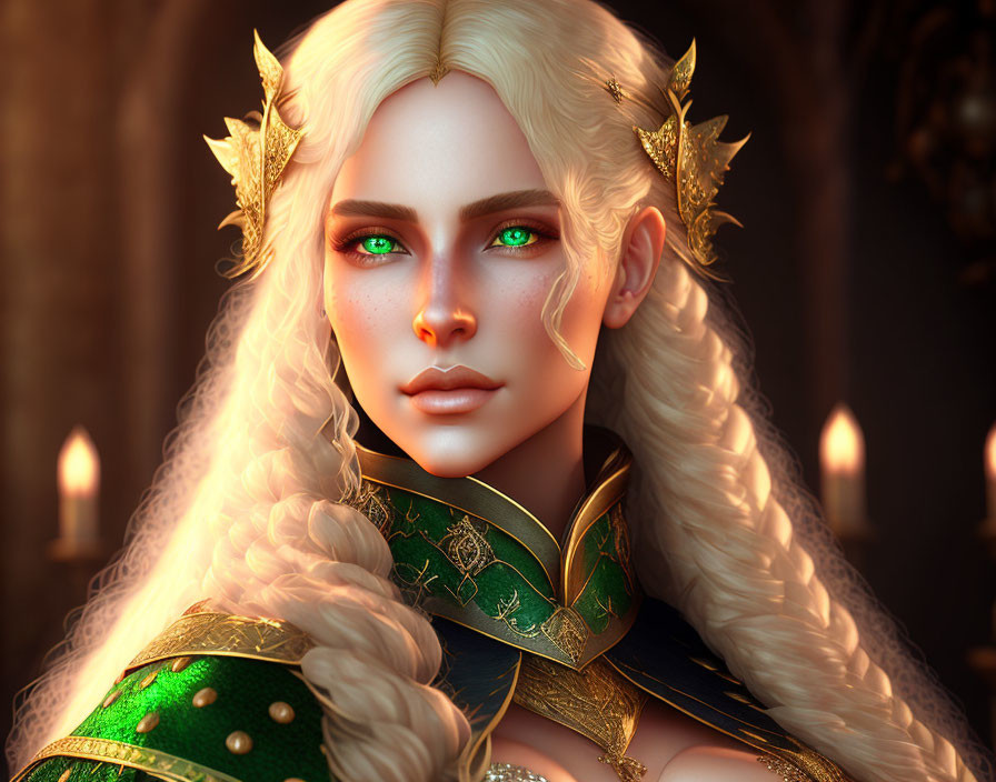 Fantasy elf with blonde hair, green eyes, and ornate attire.