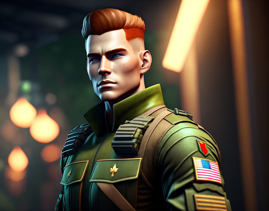 Detailed 3D illustration of determined male soldier in green uniform