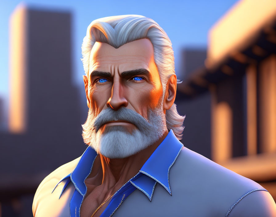 3D animated male character with white hair, blue jacket, and distinctive facial features