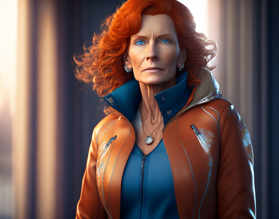 Vibrant red-haired woman in futuristic jacket with blue eyes