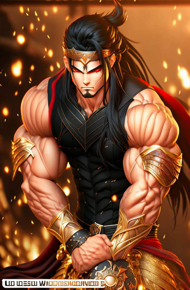 Muscular character in golden armor on fiery background