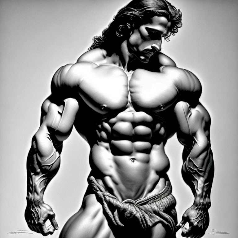 Monochrome illustration of muscular man in loincloth with dramatic shadows