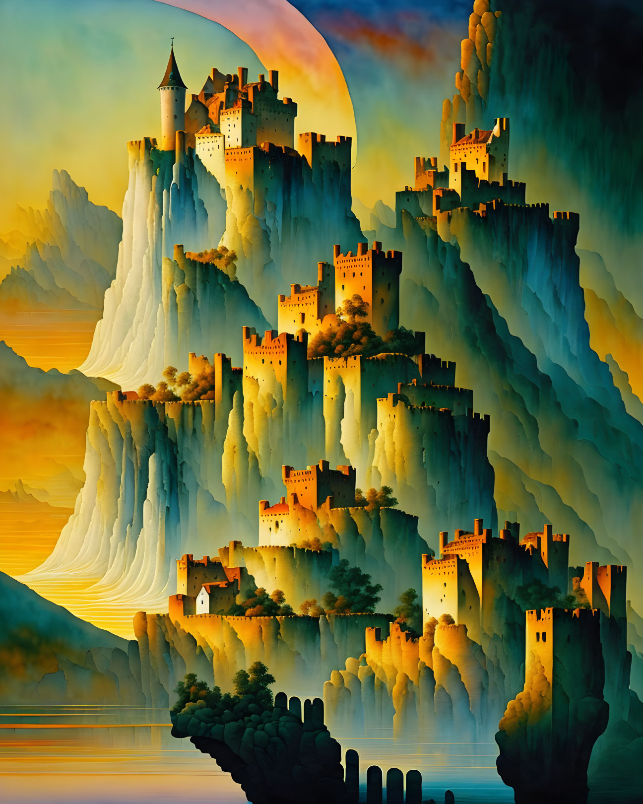 Fantasy landscape with cascading cliffside castles under amber sky