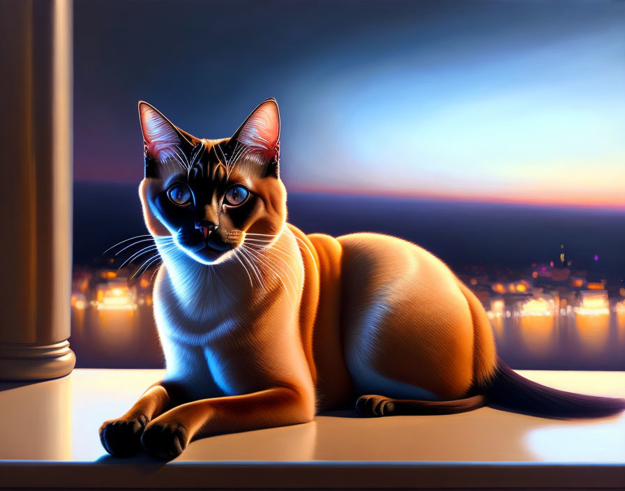 Siamese Cat on Windowsill at Twilight Cityscape