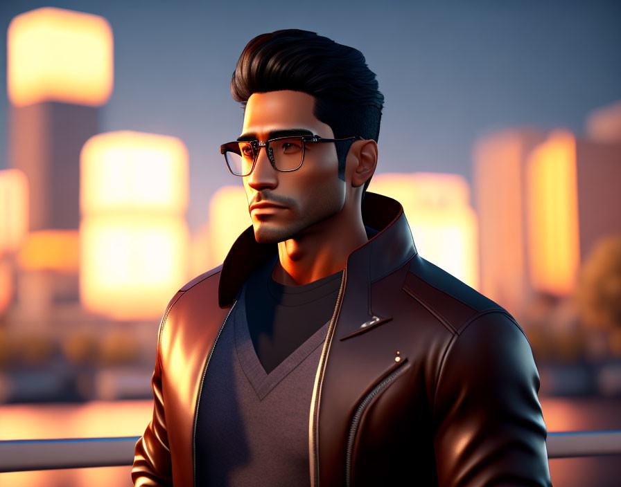 Bearded man in glasses and leather jacket against cityscape at dusk