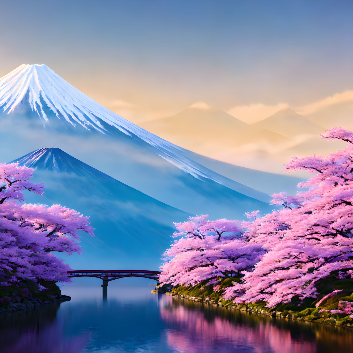 Scenic landscape: Mount Fuji, cherry blossoms, river, arched bridge