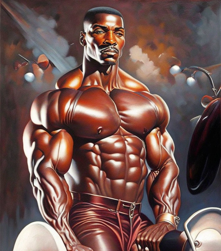 Muscular Man Illustration with Metallic Anatomy Models