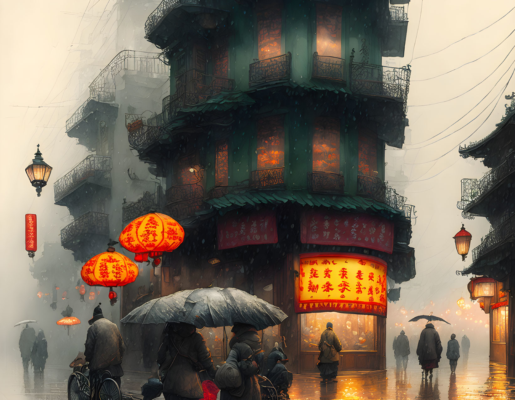 Urban scene with traditional Asian architecture and glowing lanterns on a rainy day