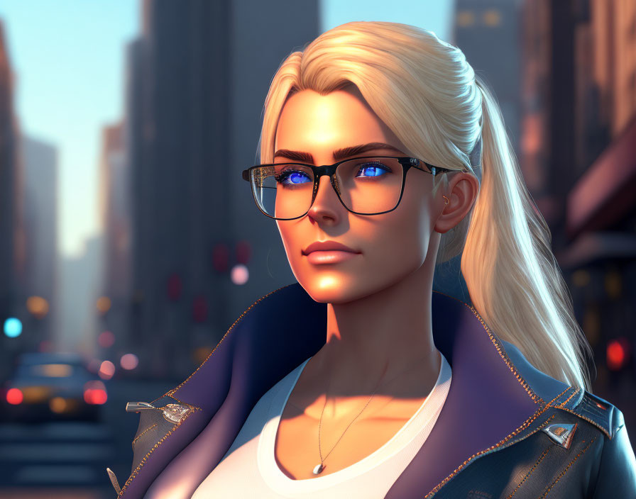 Blonde Woman in Glasses with Jacket in Cityscape at Dusk