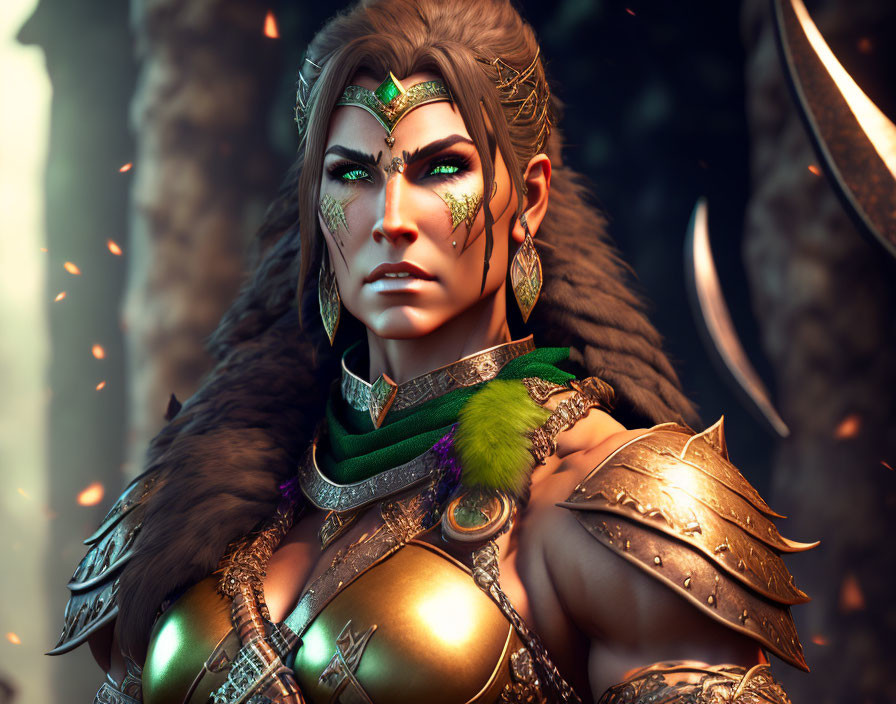 Elaborately designed armor on fierce female warrior in green accents and feathers amid fiery backdrop