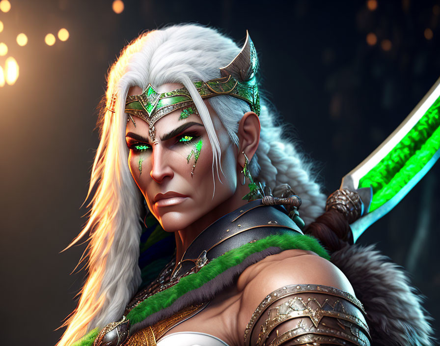 Fantasy warrior with white hair, green eyes, and glowing sword