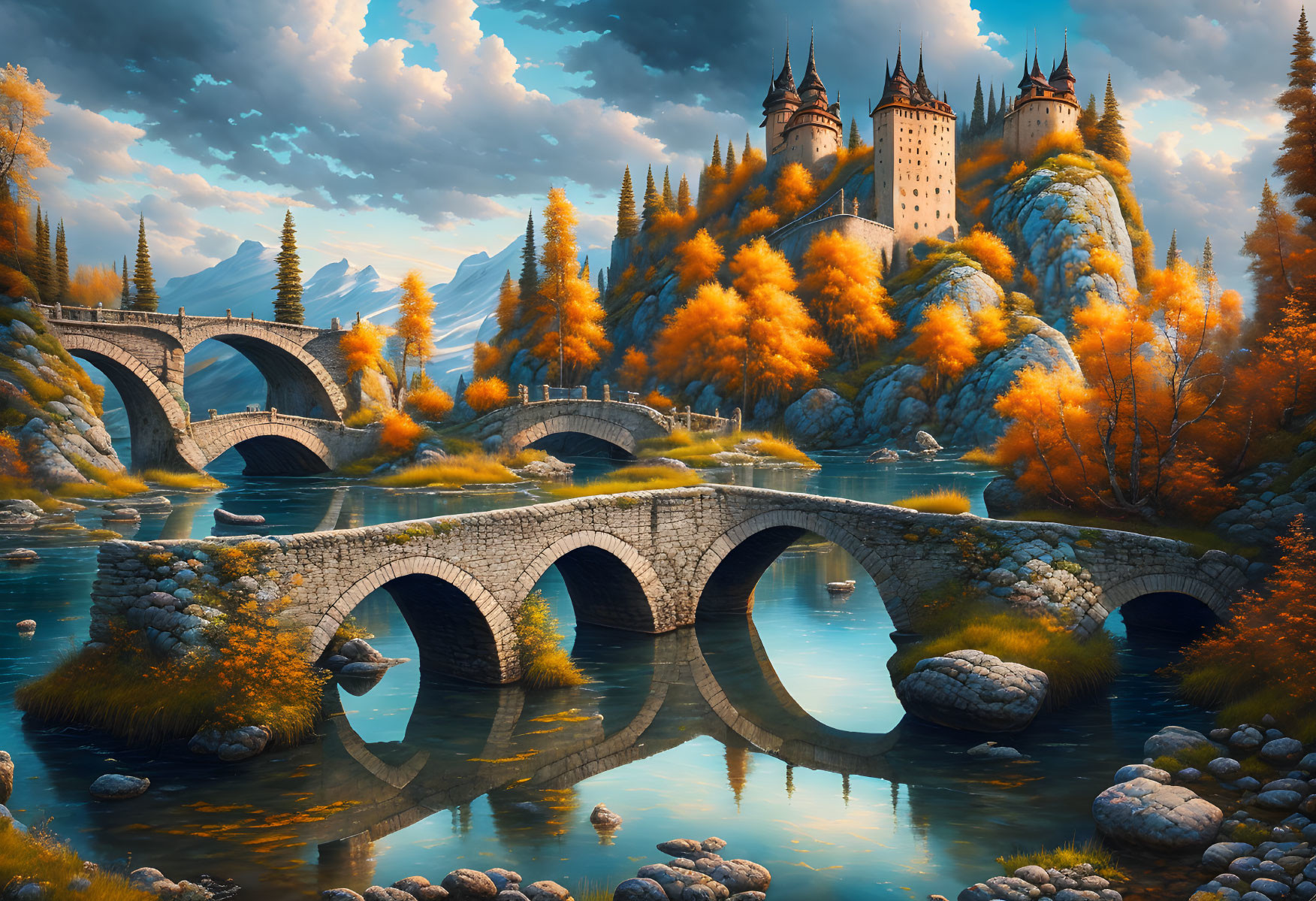 Fantastical landscape with twin stone bridges, serene river, majestic castle, autumn trees, dramatic sky