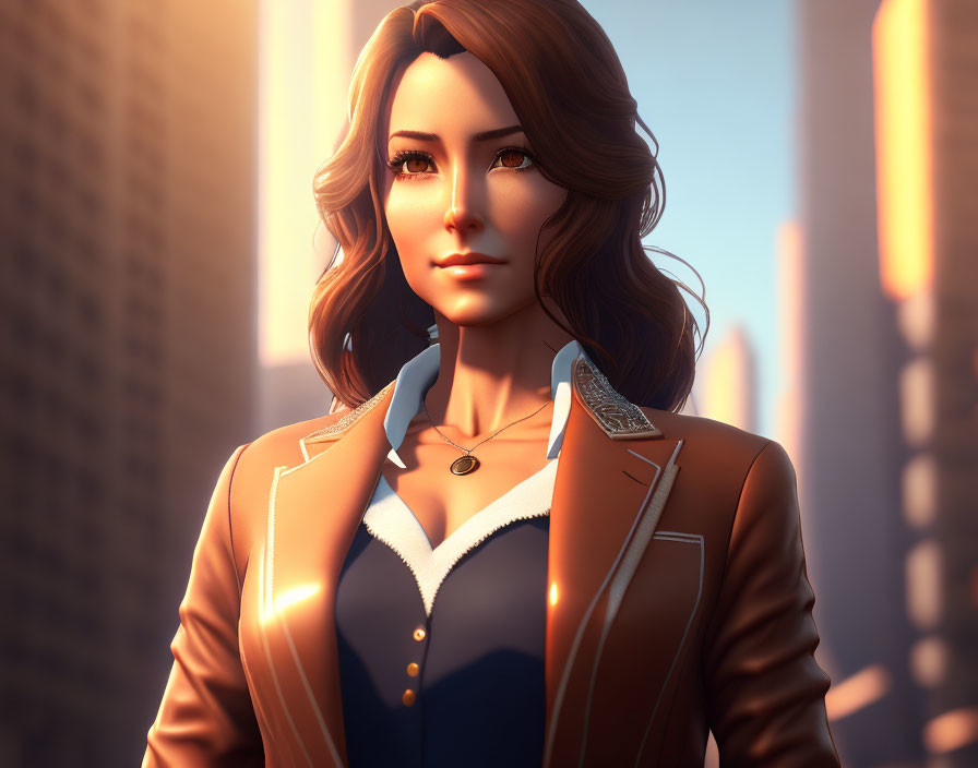 Brown-haired female character in jacket & blue shirt against cityscape backdrop.