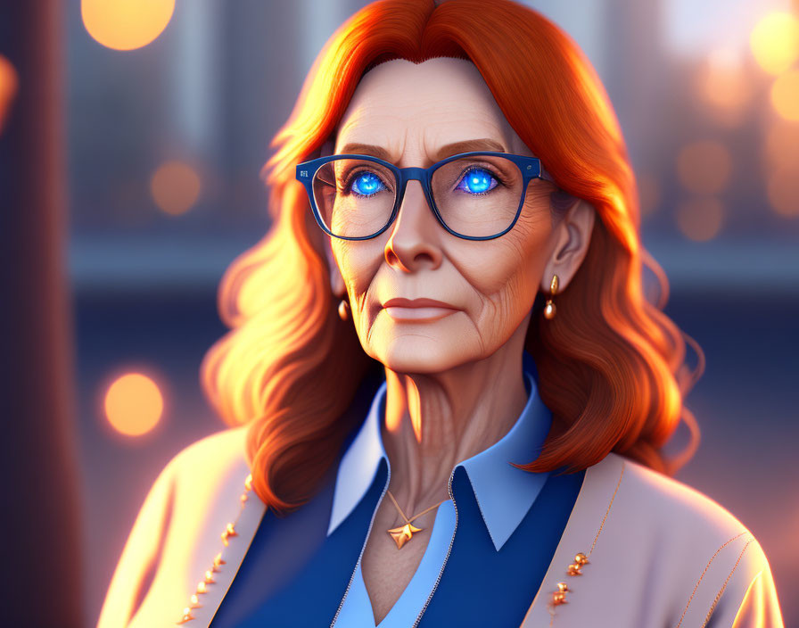 Elderly woman with red hair and blue glasses illustration