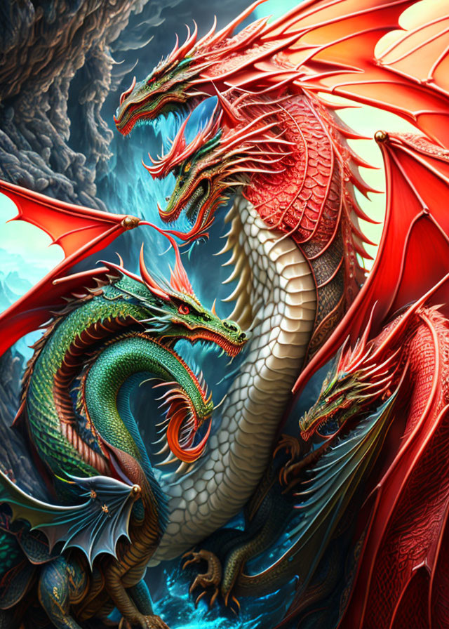 Vividly colored dragons entwined: one red, two green, intricate scales, extended wings