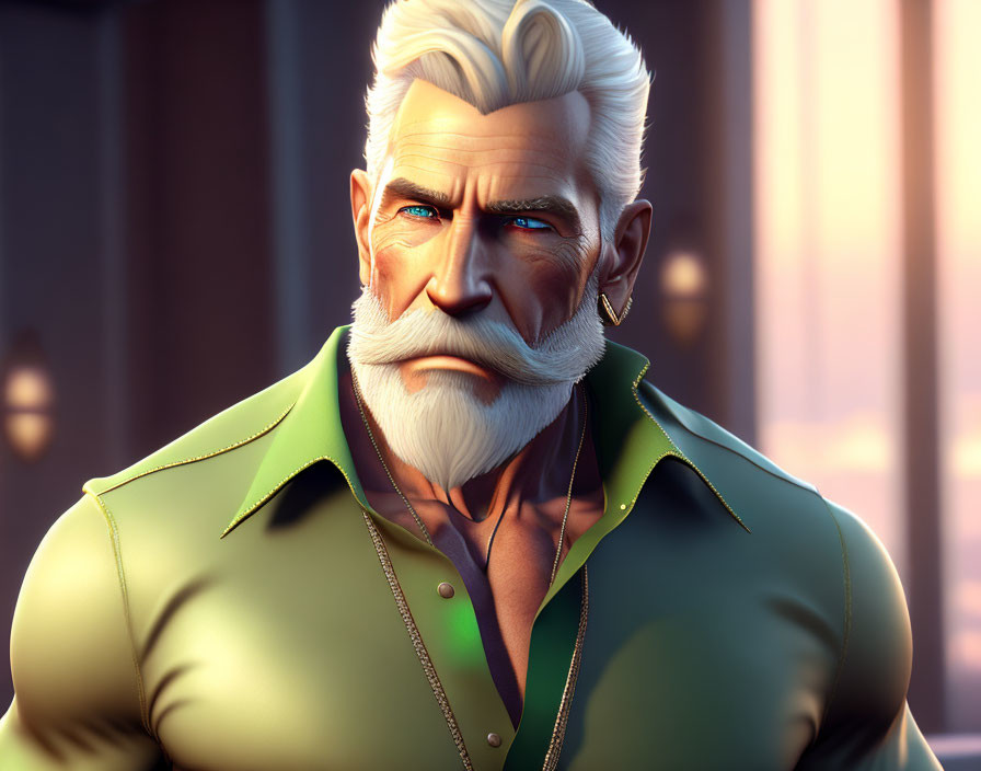 Elderly animated man with white hair and beard in green shirt gazes confidently